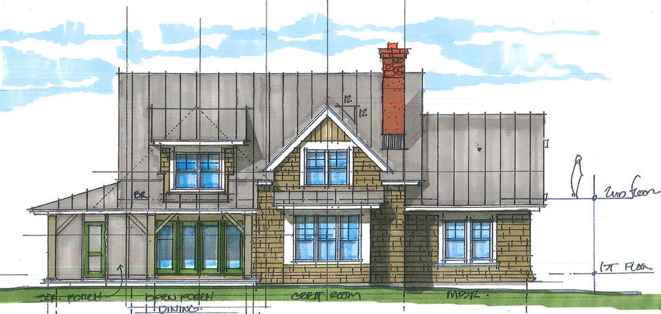 front elevation sketch of an American Post and Beam home 