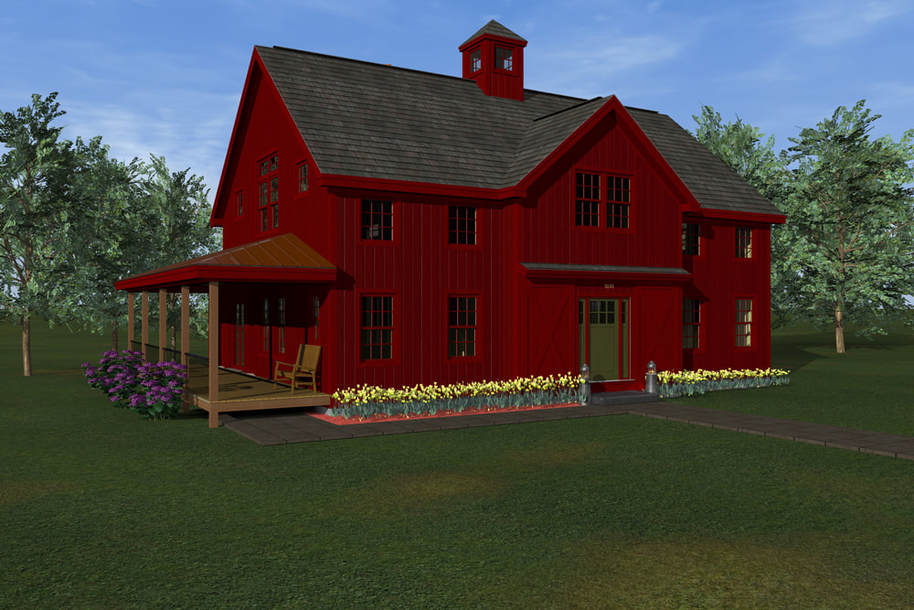 HILLTOP BARN STYLE POST & BEAM exterior rendering - red barn